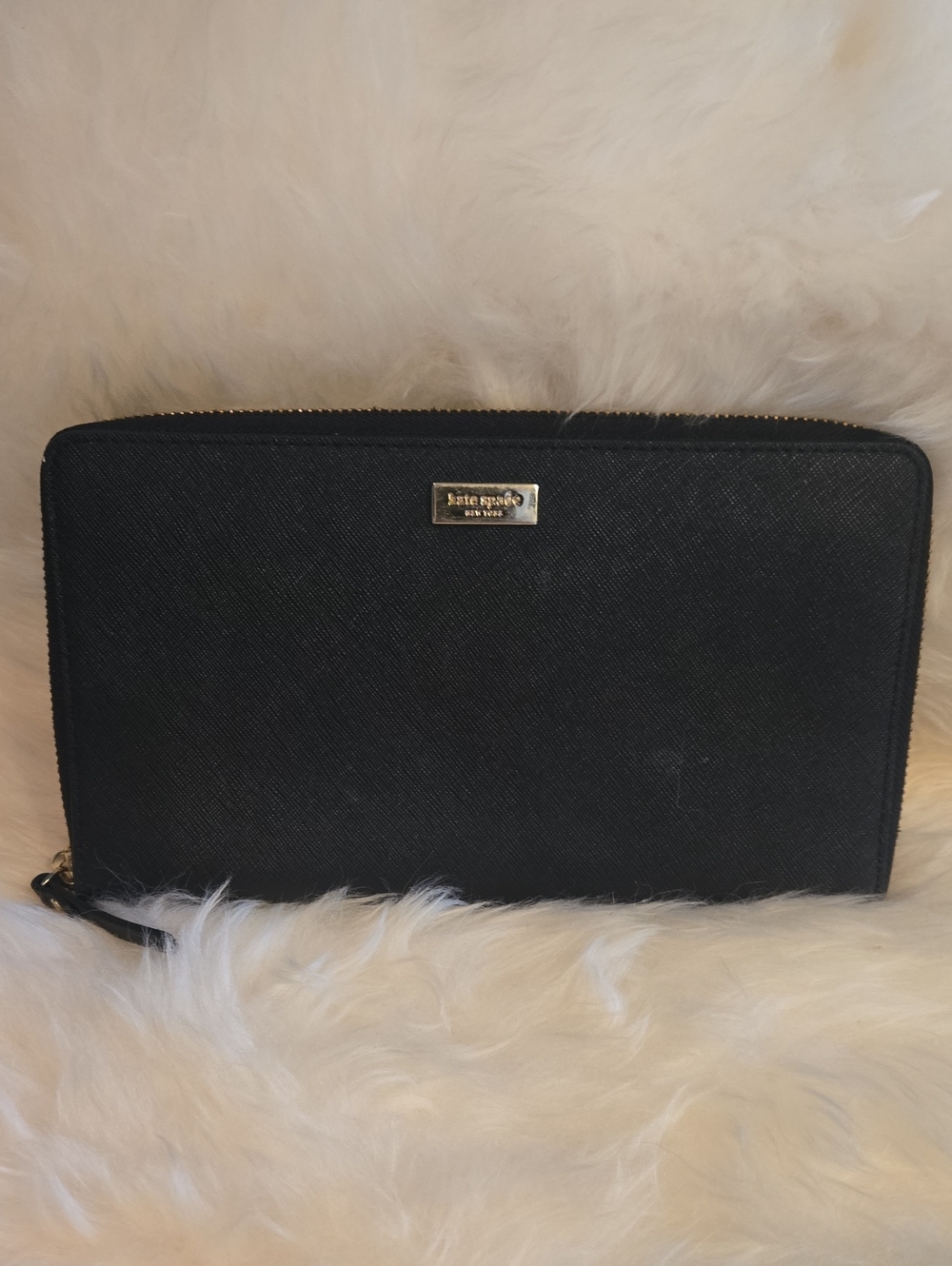 kate spade Black Saffiano Zip-Around Wallet with Gold Plaque